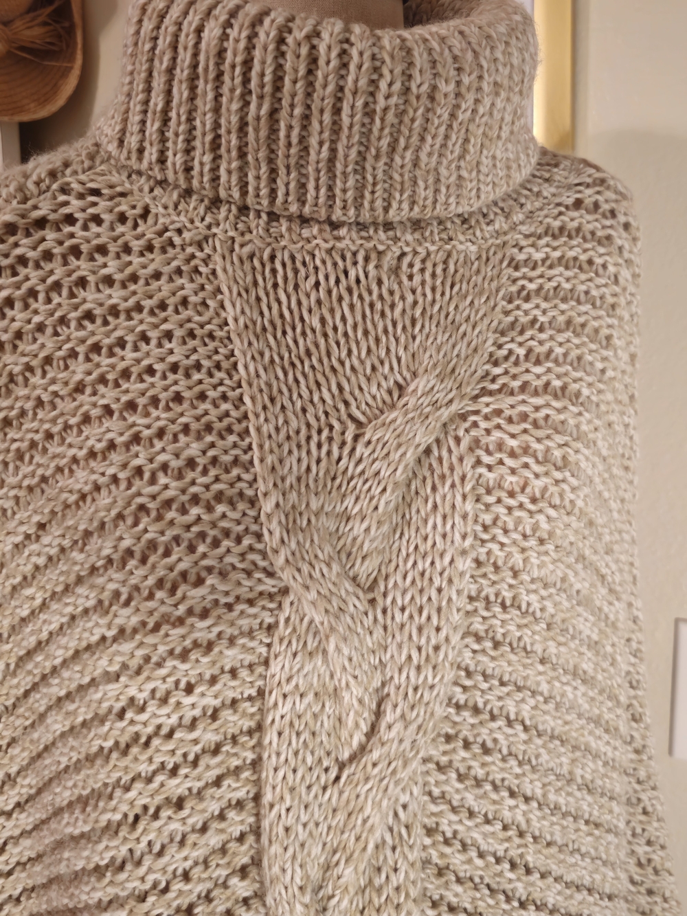 Turtleneck Cable-Knit Poncho Sweater - Beige - Picture 4 of 7